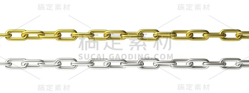 链金和银孤立的切割在白色的背景。三维演示
