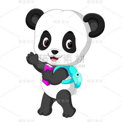 可爱的熊猫在去学校的路上