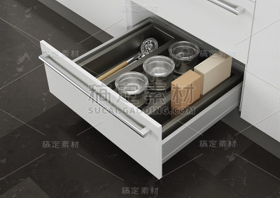 用厨具打开厨房抽屉。厨房的存储和组织。3 d渲染。