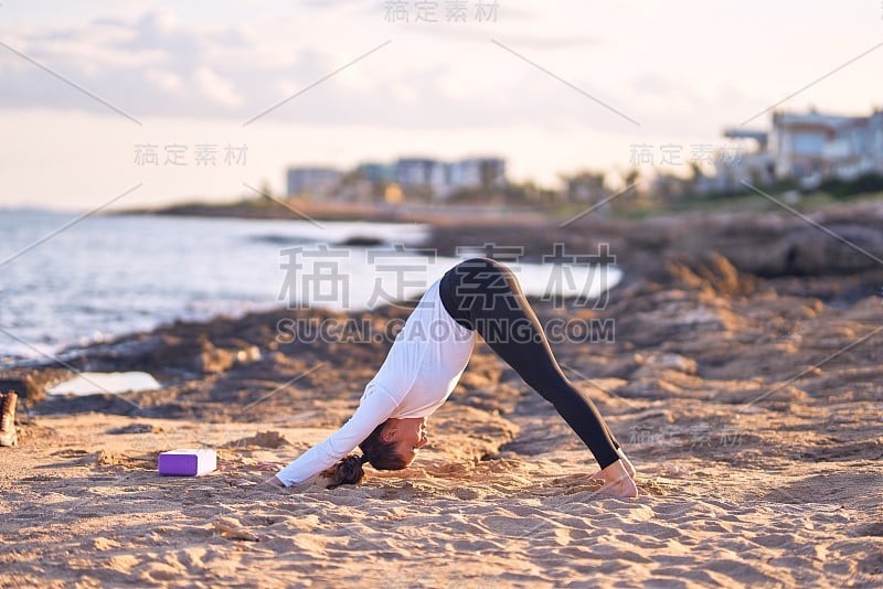 年轻美丽的女运动员练习瑜伽。教练在沙滩上教战士摆姿势