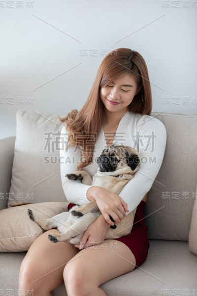 女人抱着哈巴狗品种，睡在她的胳膊放松和舒适的客厅