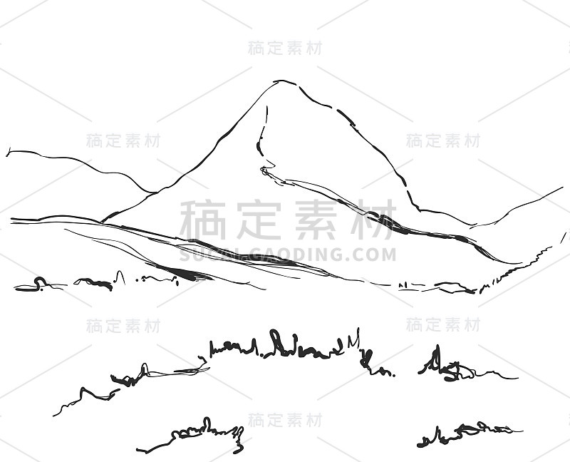 矢量插图。手绘山素描景观草和树。行设计。