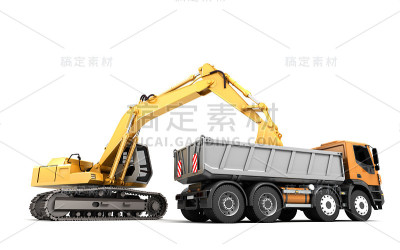 组成液压挖掘机装载自卸车。3 d演示。侧视图。孤立在白色
