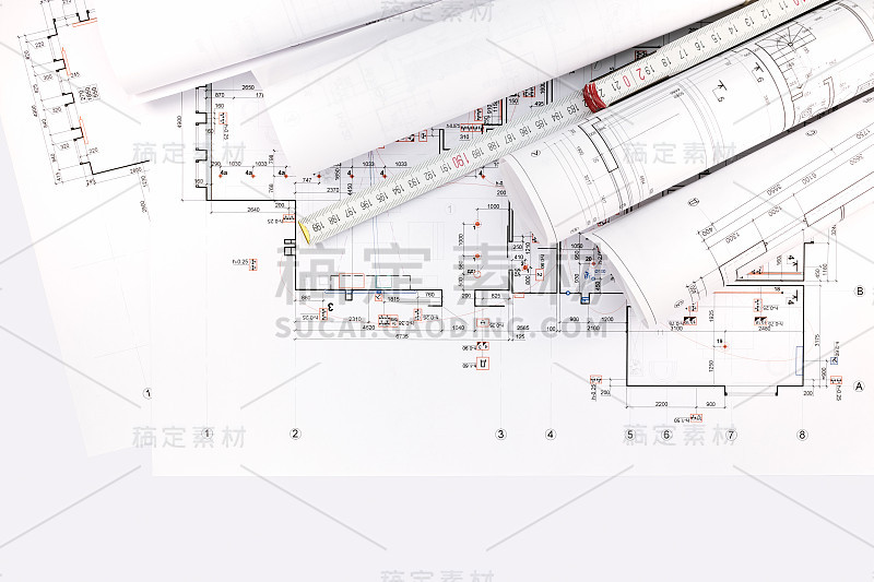 建筑图纸，一卷带尺子的蓝图
