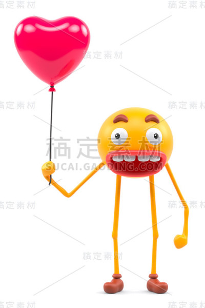 3D人物微笑的男孩与一个大的圆形的头拿着一个粉红色的心气球。