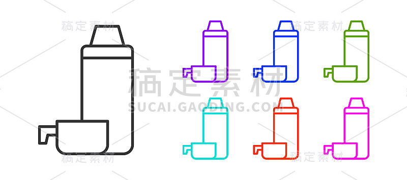 黑线热水瓶容器图标隔离在白色背景上。热瓶图标。露营和徒步旅行的装备。设置图标丰富多彩。向量