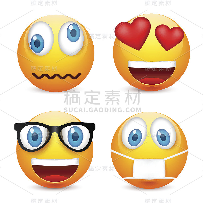 蓝眼睛的笑脸，表情包。黄脸带着情绪。面部表情。3 d现实emoji。伤心,高兴,生气的脸。有趣的卡通