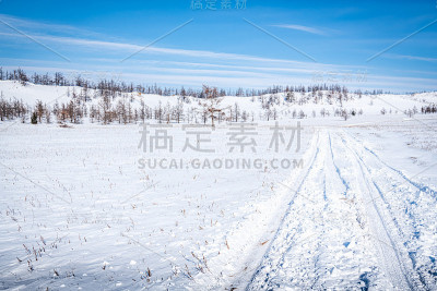 草原上白雪覆盖的乡间小路
