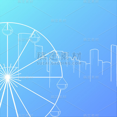 现代城市天际线背景平面风格矢量插图。摩天轮建筑城市景观。
