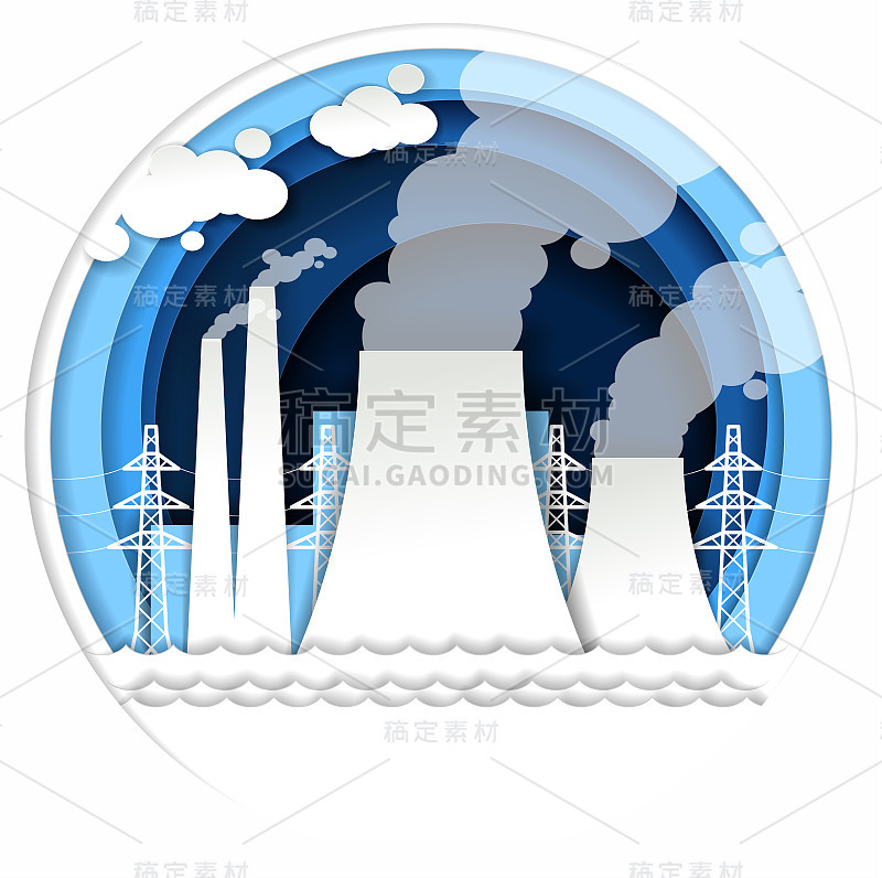 火力发电厂矢量插图在纸艺术风格