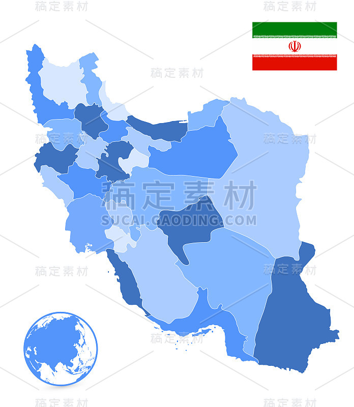 伊朗政治地图上的蓝色孤立在白色。没有文本