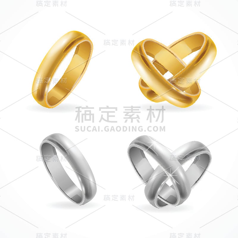 婚礼金和银戒指。向量