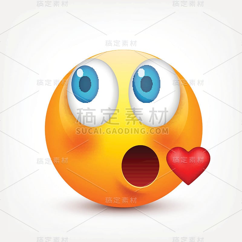 蓝眼睛的笑脸，表情符号。黄脸带着情绪。面部表情。3 d现实emoji。伤心,高兴,生气的脸。有趣的卡