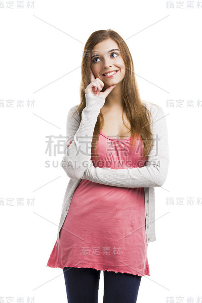 美丽的金发女人孤立在白色的背景思考着什么