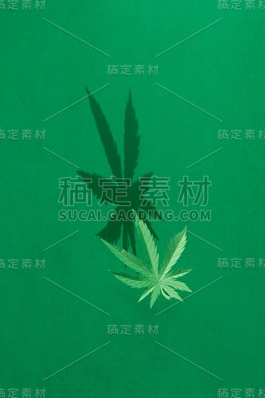 在绿色背景上用纸制成的大麻叶子