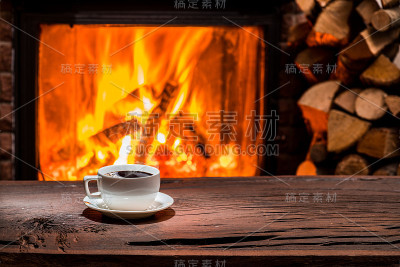 木桌上放着一杯热咖啡，背景是壁炉。