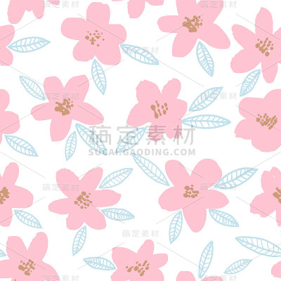 春天明亮的无缝花卉图案与粉红色手绘花在白色的背景。