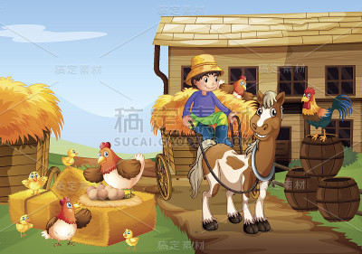 农夫在农场骑马