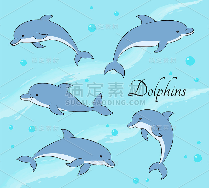 Set of five cute dolphins on sea background. Vecto