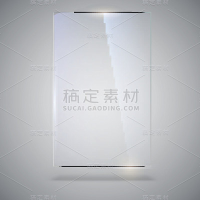 空白、透明矢量玻璃板。矢量模板，垂直横幅与复制空间。照片逼真的纹理与亮点和辉光的背景。通过塑料，3D