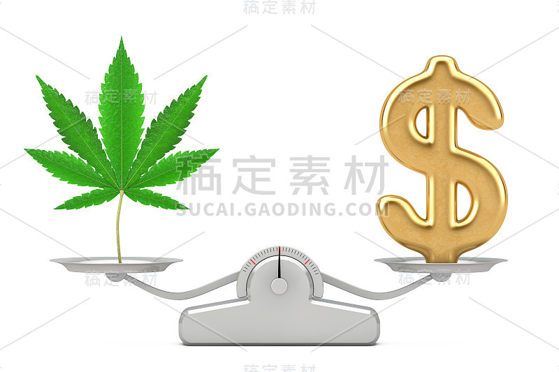 黄金美元符号与医疗大麻或大麻大麻叶子平衡在一个简单的称重秤。3d渲染