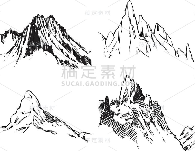 矢量山在白色的背景。手绘山轮廓矢量插图。