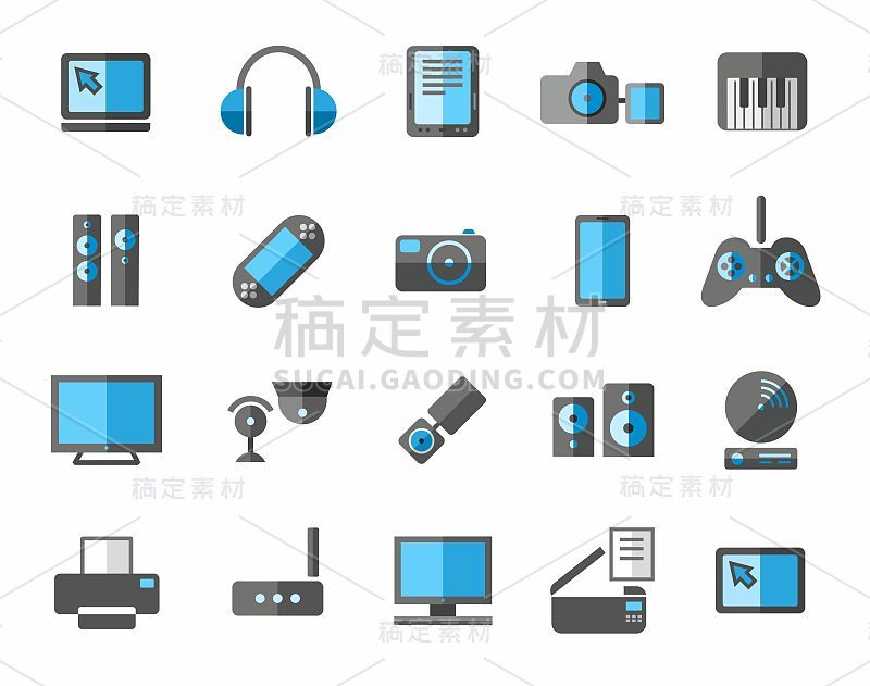 图片和视频设备的图标，有色，灰色，蓝色。