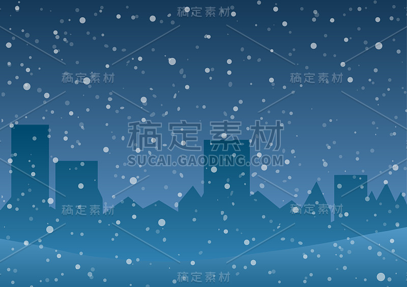 落下的雪在城市的背景上。