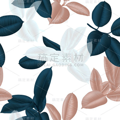 无缝图案，深绿色，白色和棕色弹性无花果叶在浅粉红色的背景