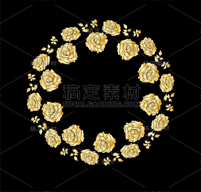 花环与金色玫瑰花手绘孤立在黑色背景。圆形框架的邀请，婚礼，生日卡，矢量插图。