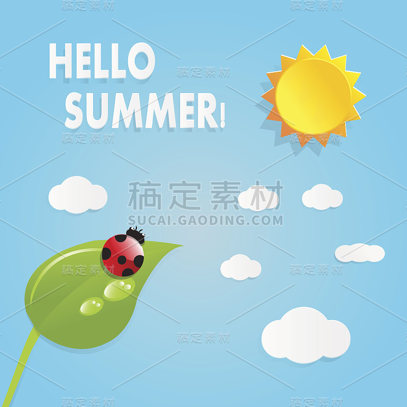 红色瓢虫在绿叶与阳光，夏天的概念，你好夏天!