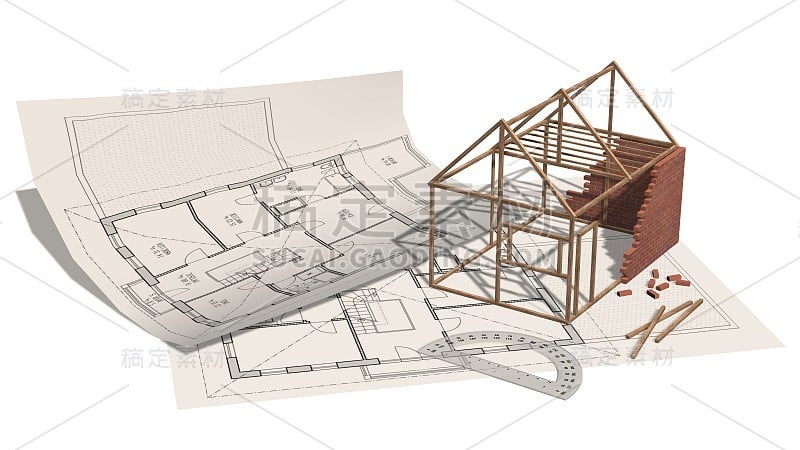 房屋工程-在蓝图上建造的房屋-建筑业工程