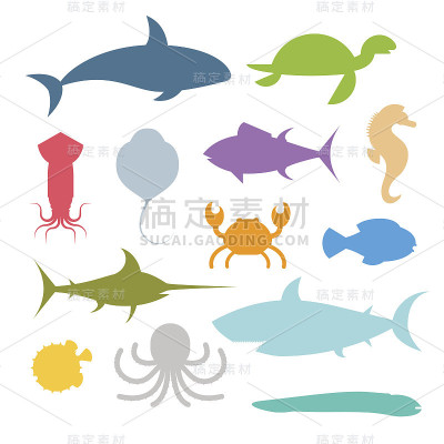 海洋鱼类和动物的矢量集图标