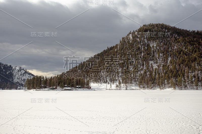 在阴天，覆盖着山脉的高大树木覆盖着结冰的湖泊