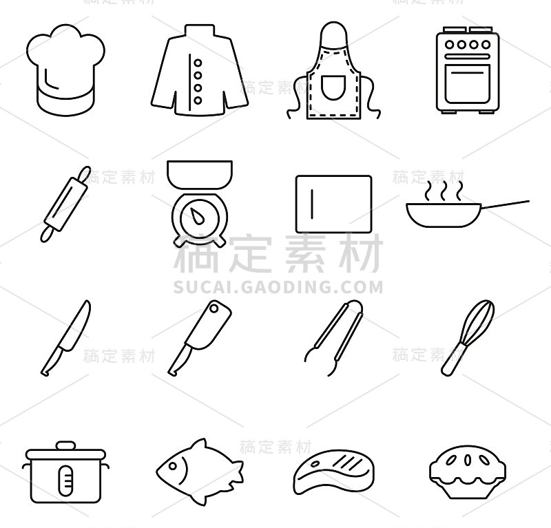 厨师或厨师工具和设备图标细线矢量插图集