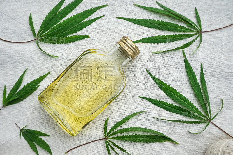 大麻叶子和麻油在画布上