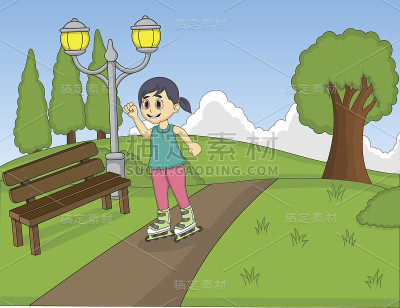 孩子们在公园的卡通中玩轮滑