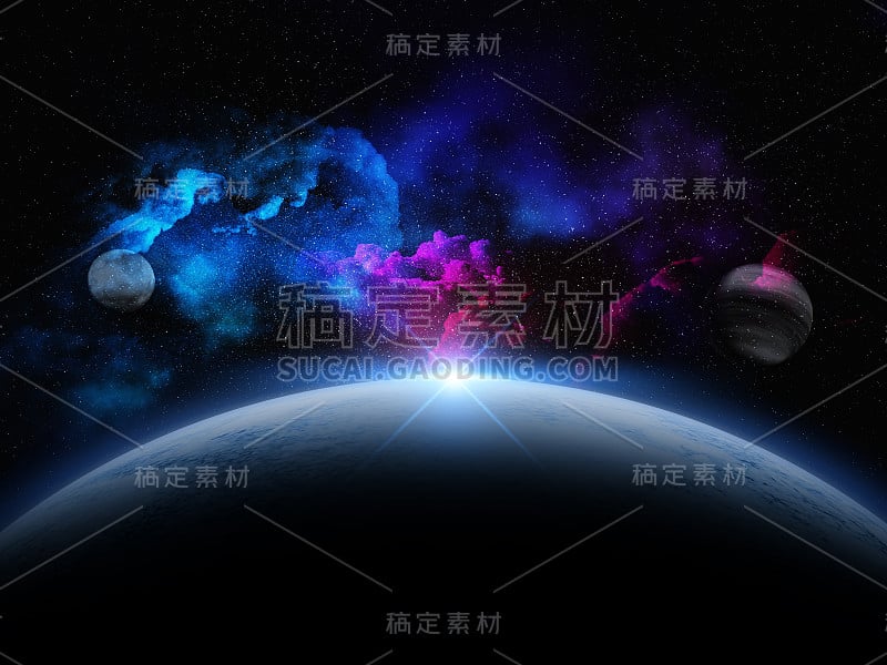 3D抽象空间场景与虚构的行星