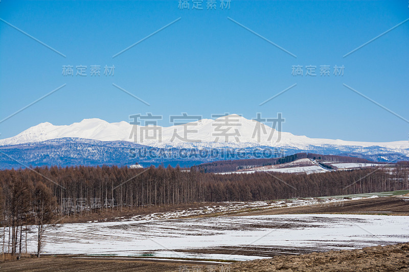 田野里还残留着积雪和雪山