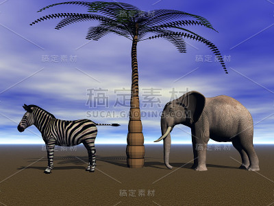 大象和斑马下的棕榈树- 3d渲染