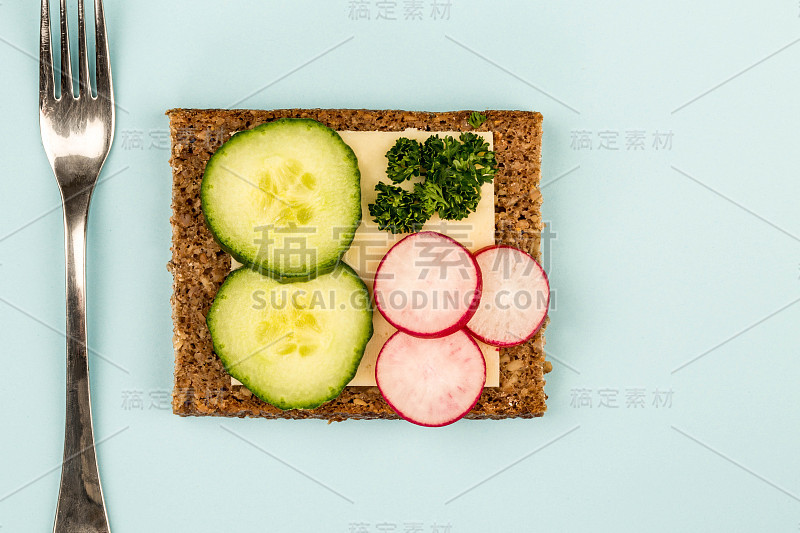 素食面三明治黑麦面包，黄瓜，萝卜和奶酪