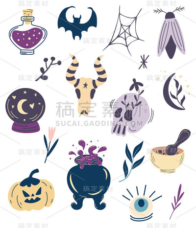 万圣节元素的集合。大女巫魔法设计集。骷髅，魔药，南瓜，大锅，眼睛，蝙蝠，飞蛾，花。纹身，纺织品，卡片