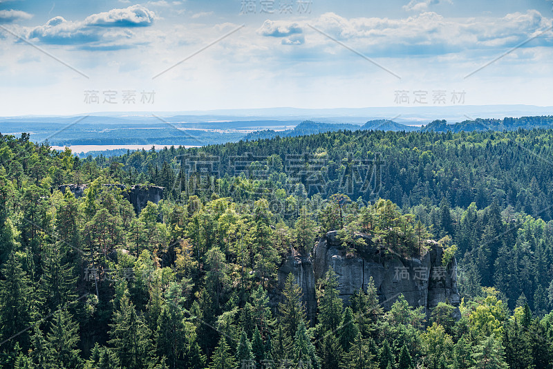 瑞士波西米亚的坏山道。巴斯蒂桥和山景。狭窄的岩石，天然的砂岩拱门在欧洲。有绿色植物、蓝天和阳光的山景