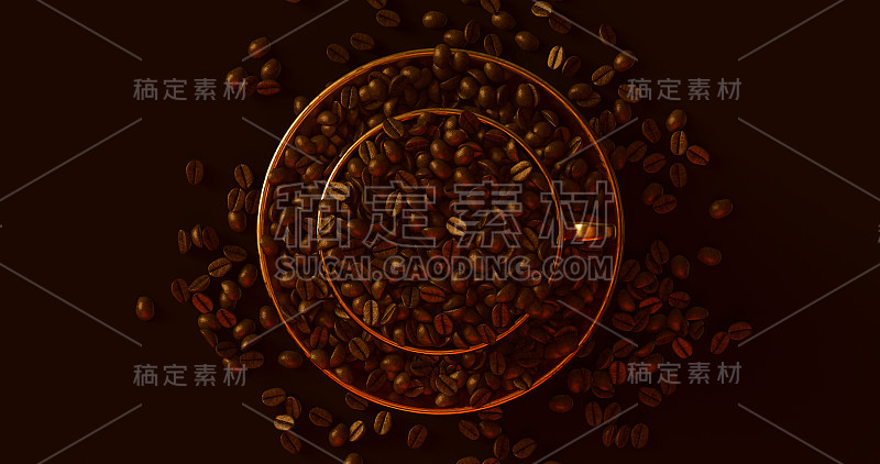 黄铜金咖啡杯和装满咖啡豆的茶碟