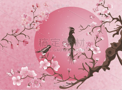 樱花树上有两只小鸟。