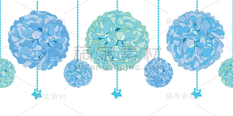 矢量套悬挂蓝色海湾男孩生日派对纸彩球彩球和珠子设置水平无缝重复边界图案。非常适合手工卡片，请柬，墙纸