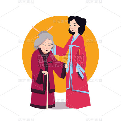 两个亚洲妇女在日本和服年轻女孩和年长女士穿着传统服装