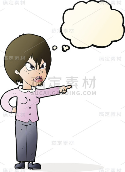卡通女人用思想泡泡指责