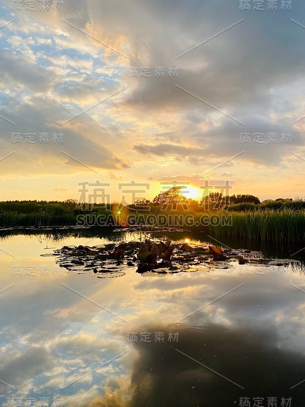 湖日落