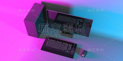 霓虹粉色灯光下的黑色电脑